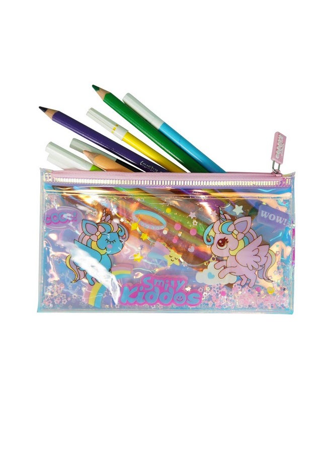 Smily Kiddos Unicorn Pencil Pouch with Drift Glitter Pink Holographic Pencil Pouch/Case for Kids Best for Return Gift Pencil Case Oil Glitter Pencil Pouch with Large Capacity