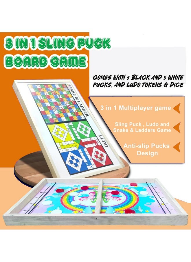 VGRASSP 24 Inch Large 3 in 1 Sling Puck, Ludo, Snake & Ladder Game Toy for Kids & Adults - Solid Pine Wood Structure, 2-4 Players Game - Enjoy Family & Party Time (24 Inch Random Design)