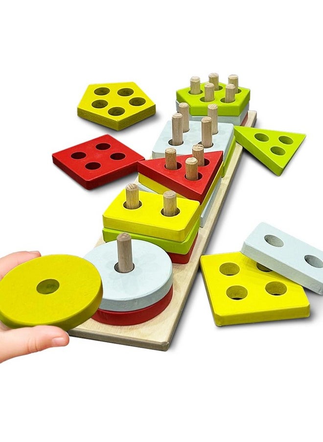 Wembley Kids Wooden Angle Geometric Blocks Stacker Shape Sorter Column Puzzle Stacking Set Educational Learning Toys for Toddlers 1-3 Years Old Boys and Girls
