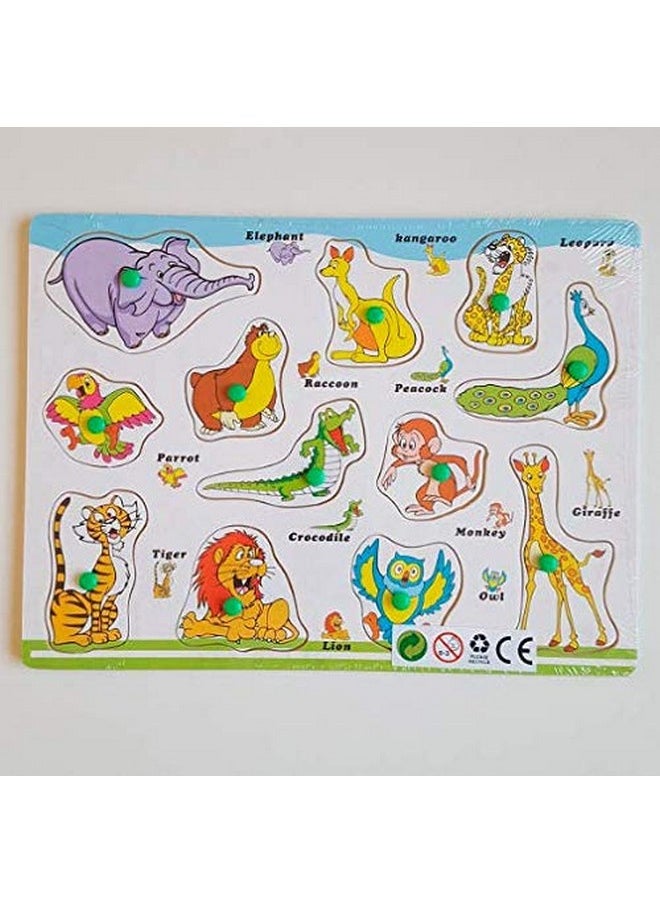 FunBlast Wooden Colorful Learning Educational Board for Kids with Knobs, Educational Learning Wooden Board Tray, Size- 30 X 22 CM, Available in 8 Different Variants (Cute Animal)