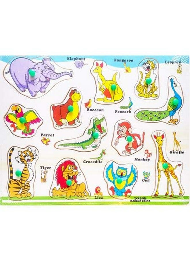 FunBlast Wooden Colorful Learning Educational Board for Kids with Knobs, Educational Learning Wooden Board Tray, Size- 30 X 22 CM, Available in 8 Different Variants (Cute Animal)