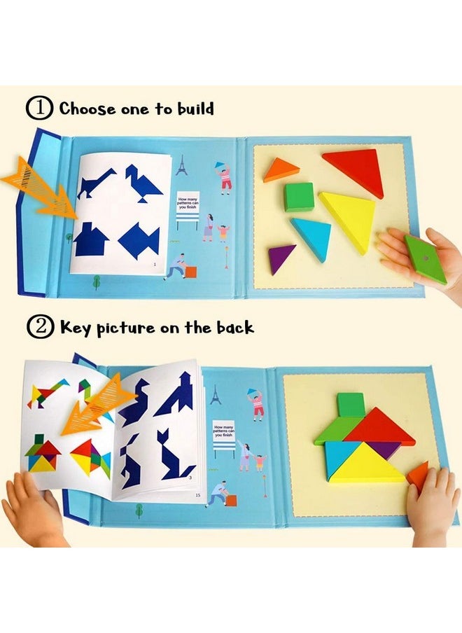 PLUSPOINT Wooden Tangram Travel Game Magnetic Puzzle Book Game Tangrams Jigsaw Shapes with Solution Traveler Challenge IQ Educational Toy for 3-99 Years