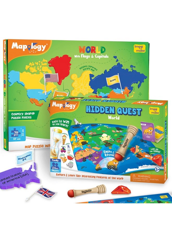 Imagimake World Explorer Combo |Hidden Quest Board Game & World Flags Puzzle | Educational Toys for Kids 5+ Years |Learn Geography, Flags, and Cultures - Birthday Gift for Boys & Girls
