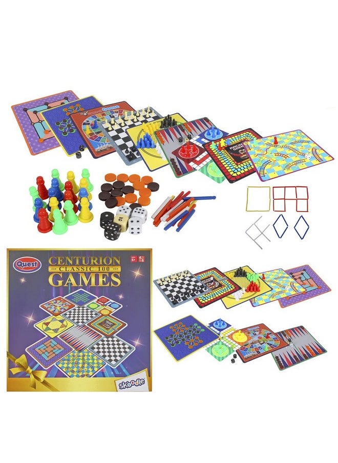 SKOODLE Quest Centurion 5 Double Sided 100 Classic Family Board Games Collection 3D Box for Adults & Kids Fun with Family & Friends, Chess, Ludo, Checkers & More - Age 3+Years,Multicolor