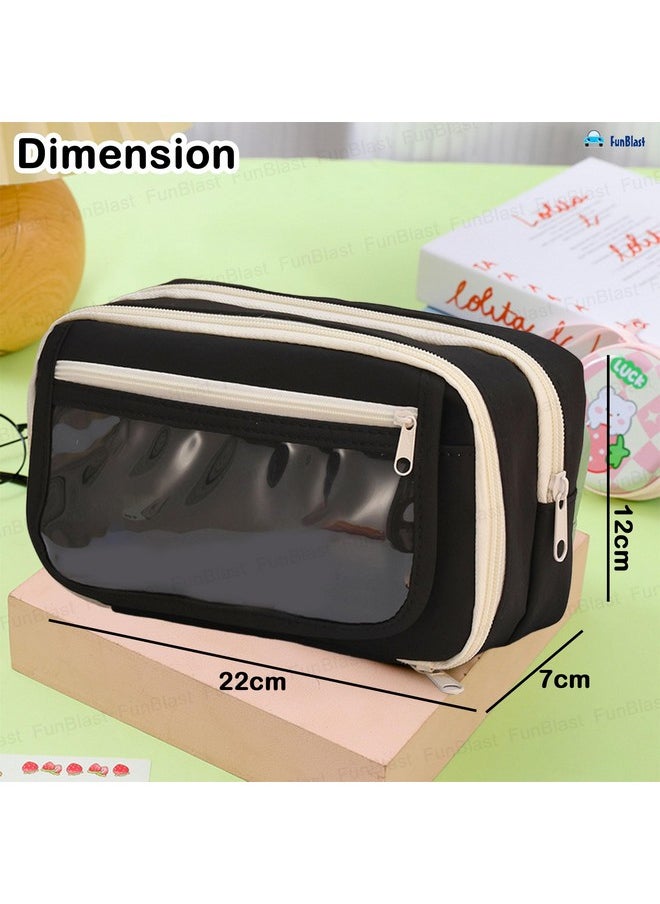 FunBlast Pencil Pouch - Kawaii Pencil Pouch, Aesthetic Pencil Case Organizer, Multipurpose Zipper Pouch for Kids & Adults, Large Capacity Stationary Organizer Case (Pouch-Black)