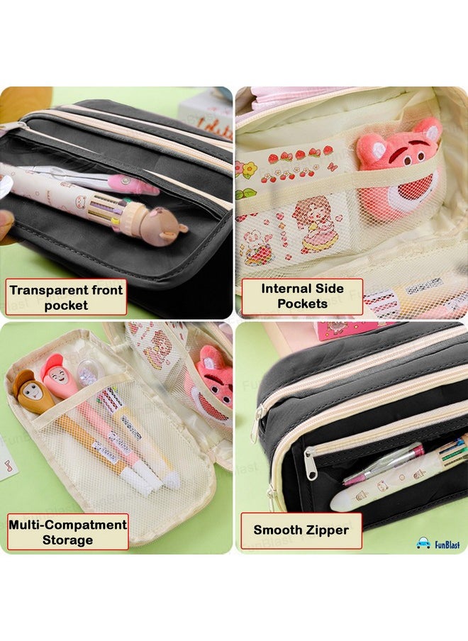 FunBlast Pencil Pouch - Kawaii Pencil Pouch, Aesthetic Pencil Case Organizer, Multipurpose Zipper Pouch for Kids & Adults, Large Capacity Stationary Organizer Case (Pouch-Black)