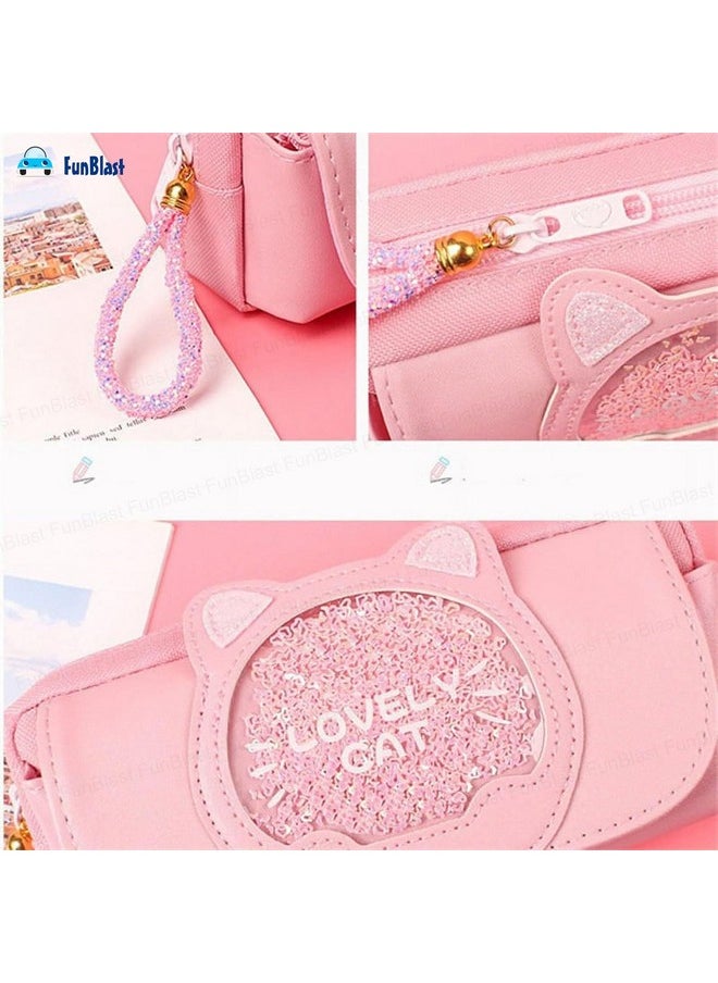 FunBlast Polyester Stationery Pouch For Girls - Large Capacity Pencil Bag, Multi-Purpose Pencil Case With Zipper Lock, Kawaii Pouch, Pen & Pencil Bag For School Kids, Girls (Pink-)