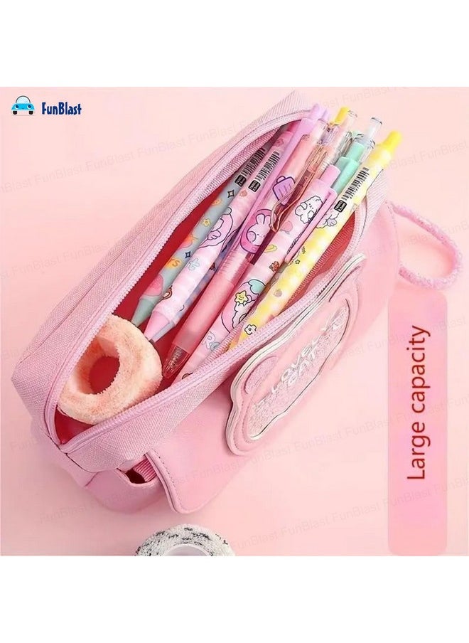 FunBlast Polyester Stationery Pouch For Girls - Large Capacity Pencil Bag, Multi-Purpose Pencil Case With Zipper Lock, Kawaii Pouch, Pen & Pencil Bag For School Kids, Girls (Pink-)