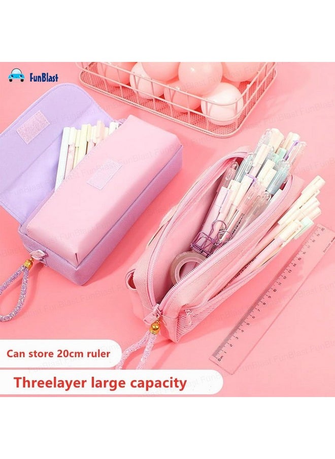FunBlast Polyester Stationery Pouch For Girls - Large Capacity Pencil Bag, Multi-Purpose Pencil Case With Zipper Lock, Kawaii Pouch, Pen & Pencil Bag For School Kids, Girls (Pink-)