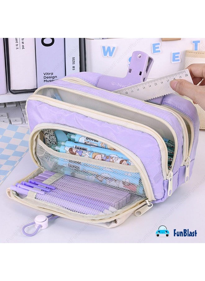 FunBlast Pencil Pouch for Girls - Multiple Compartment Zipper Pouch with Drawstring Pocket, Aesthetic Pouch for Girls, Kawaii Pencil Case, Cute Pouches for Girls, Return Gift for Kids (Purple)