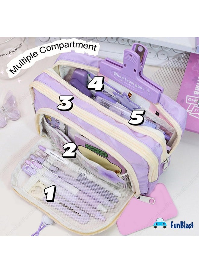 FunBlast Pencil Pouch for Girls - Multiple Compartment Zipper Pouch with Drawstring Pocket, Aesthetic Pouch for Girls, Kawaii Pencil Case, Cute Pouches for Girls, Return Gift for Kids (Purple)
