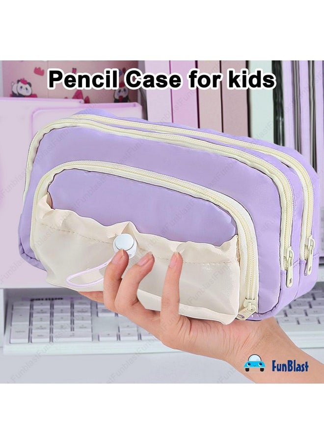 FunBlast Pencil Pouch for Girls - Multiple Compartment Zipper Pouch with Drawstring Pocket, Aesthetic Pouch for Girls, Kawaii Pencil Case, Cute Pouches for Girls, Return Gift for Kids (Purple)