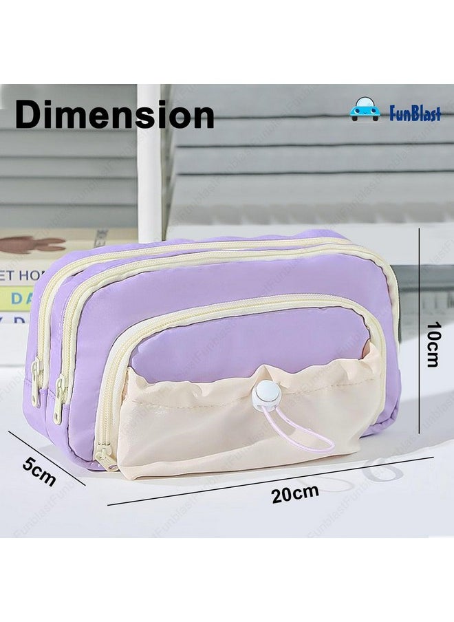 FunBlast Pencil Pouch for Girls - Multiple Compartment Zipper Pouch with Drawstring Pocket, Aesthetic Pouch for Girls, Kawaii Pencil Case, Cute Pouches for Girls, Return Gift for Kids (Purple)
