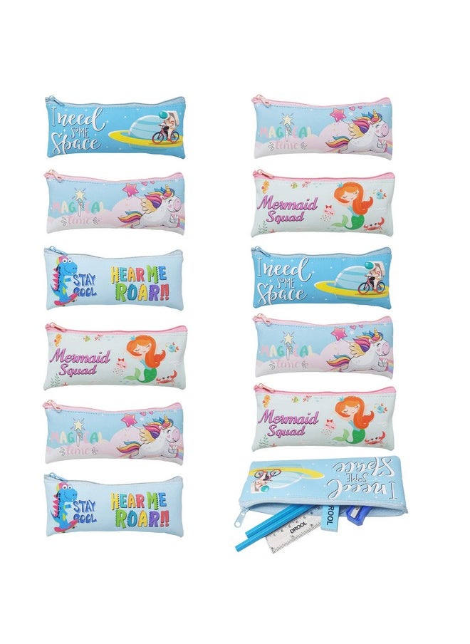 PARTEET Silicone Birthday Party Return Gift - 12Pc Cartoon Printed Multipurpose Pouches with Stationery for Kids (Assorted Design), Multicolor