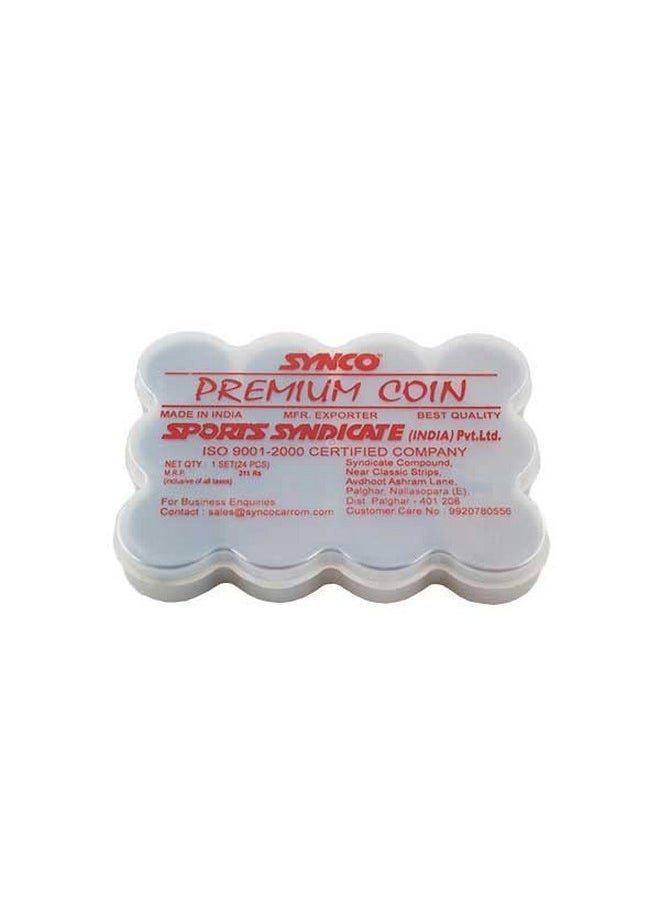 Synco Premium Carrom Coins 8mm thicness with Special PVC Box, 24 Coins (11 White 11 Black 2 Red)