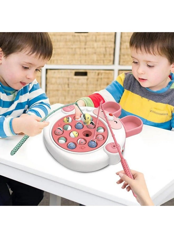 VGRASSP Rabbit Face Rotating Fish Pond Musical Fishing Game Toy Set for Kids with 2 Fishing Poles, 15 Colorful Fishes - Safe and Durable Gift - Color and Design As Per Stock