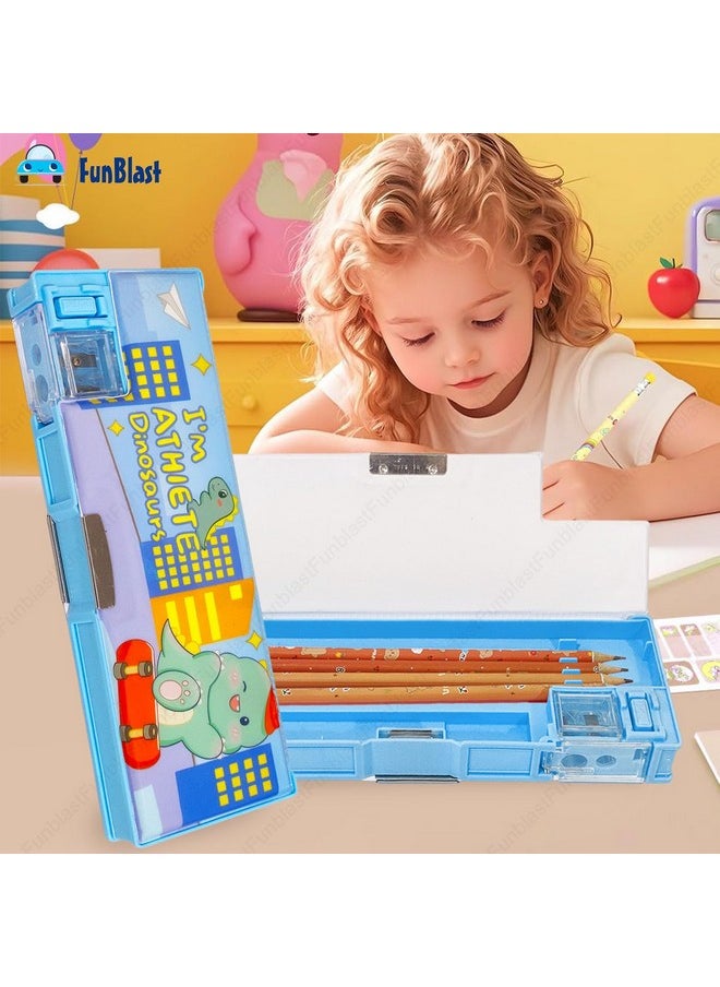 FunBlast Pencil Case Box for Kids - Double Compartment Magnetic Pencil with Sharpener, Pen & Pencil Holder, Stationary Organizer Box for Kids, Boys (Dino)