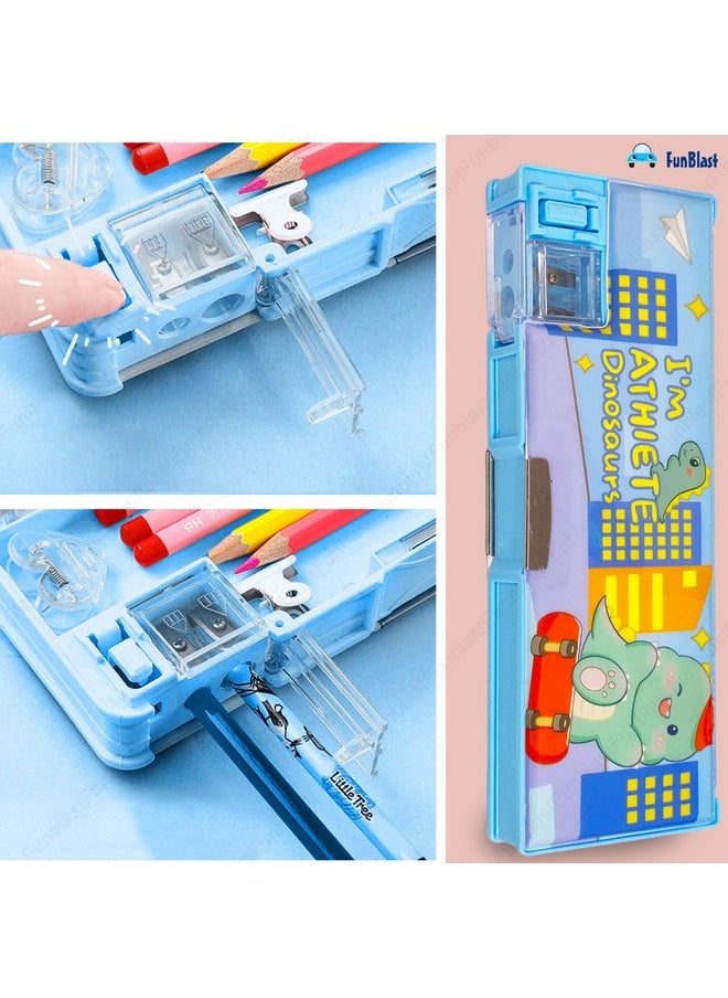 FunBlast Pencil Case Box for Kids - Double Compartment Magnetic Pencil with Sharpener, Pen & Pencil Holder, Stationary Organizer Box for Kids, Boys (Dino)