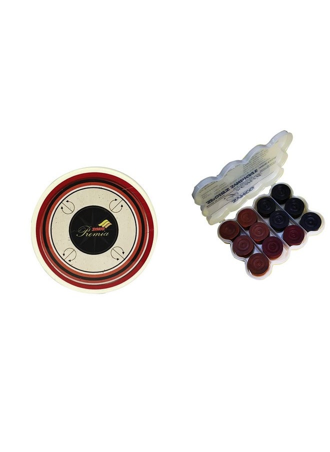 Synco 3 Year And Up Wooden Carrom Coins Set With Carrom Striker Professional 15G Combo Set, Assorted Color (Premia Striker With Premia Coins In PVC Box)