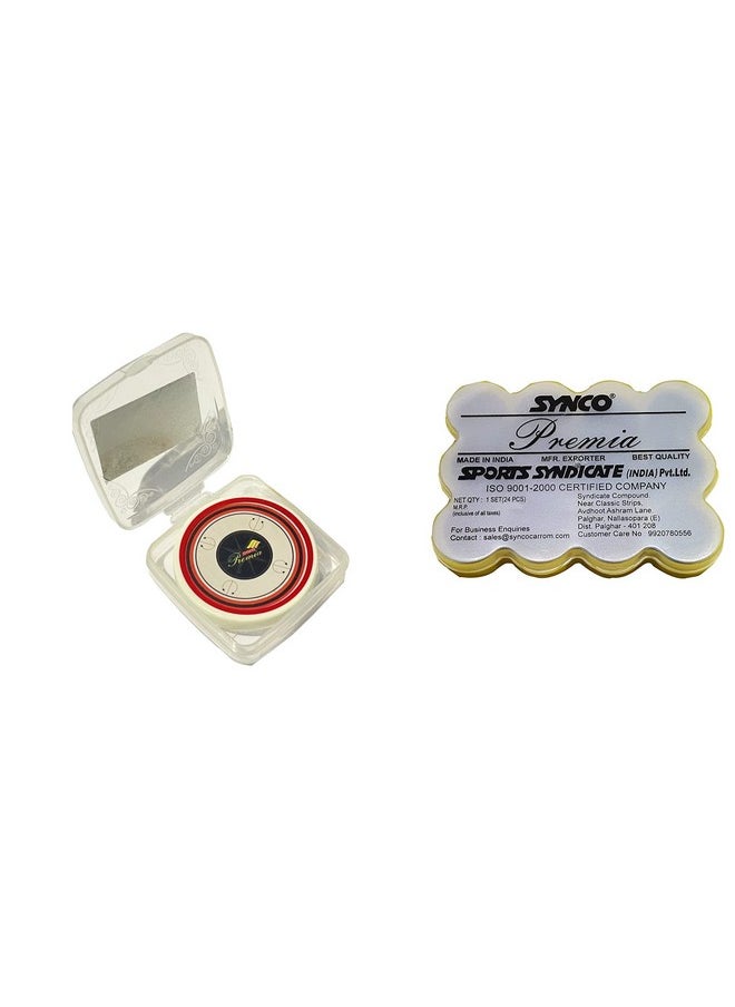 Synco 3 Year And Up Wooden Carrom Coins Set With Carrom Striker Professional 15G Combo Set, Assorted Color (Premia Striker With Premia Coins In PVC Box)