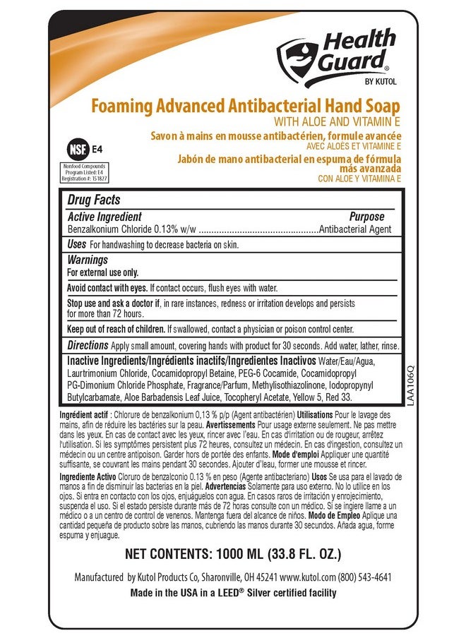 Kutol Health Guard #21352 Foaming Advanced Antibacterial Soap refills, 4/1000 mL