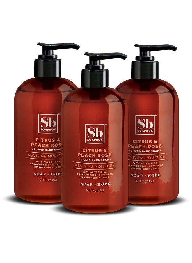 Soapbox Liquid Hand Soap, Citrus & Peach Rose - Gentle, Moisturizing Hand Cleanser, Aromatic & Soothing, Vegan & Cruelty Free Hand Wash for Kitchen and Bathroom, 12oz Pump Bottles (Pack of 3)