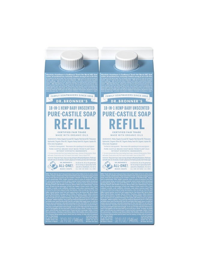 Dr. Bronner's Pure-Castile Liquid Soap Refill (Baby Unscented 32oz, Pack of 2)