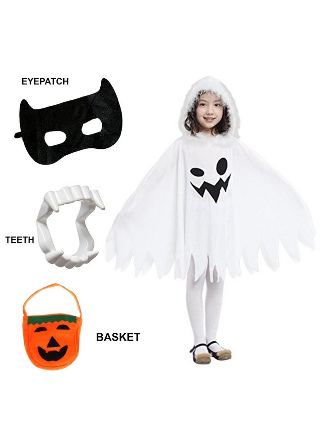 Kaku Fancy Dresses Polyester Halloween White Robe/Cloak With Teeth, Mask & Basket Combo Fancy Dress Halloween Costume For Kids - 3-4 Years