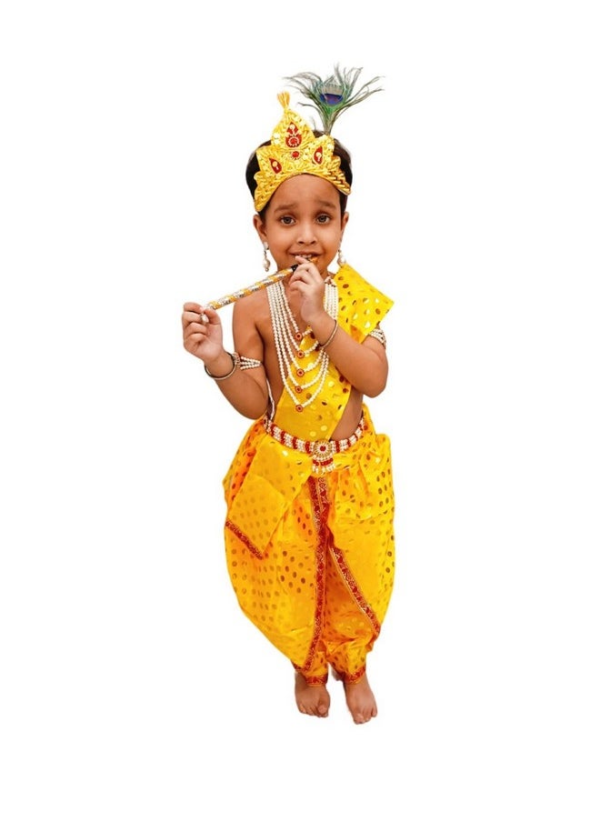 BookMyCostume Krishna Yellow Polka Dot Costume Dhoti Patka with Heavy Pearl Jewellery and Mukut Set - Janmashtami Dress Costume for Baby Kanha - Boys & Girls 1-2 Years