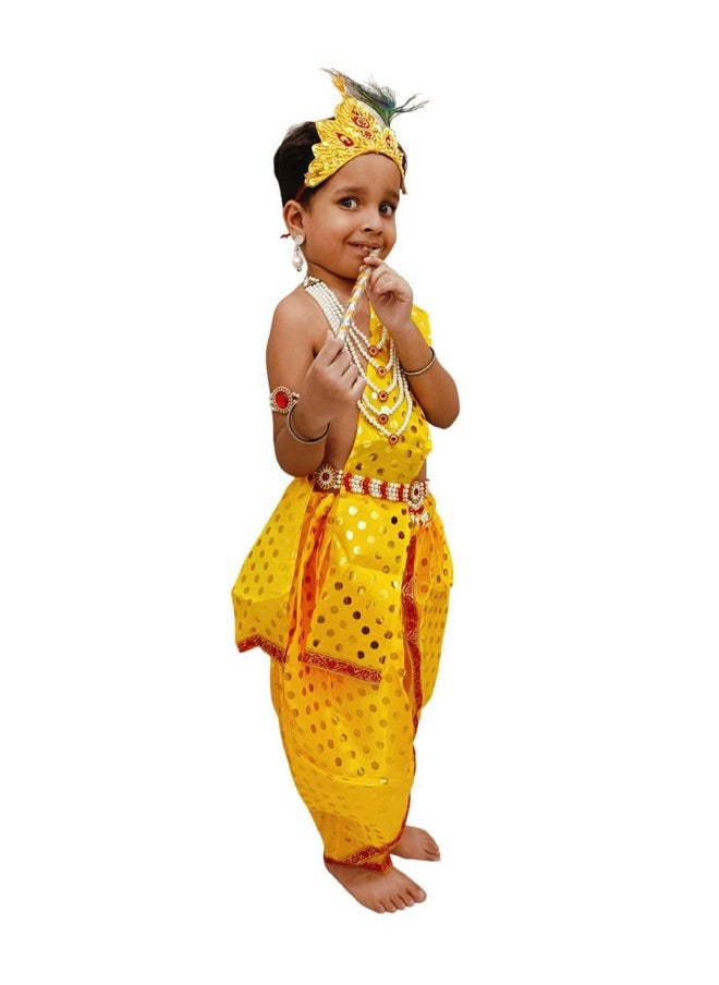 BookMyCostume Krishna Yellow Polka Dot Costume Dhoti Patka with Heavy Pearl Jewellery and Mukut Set - Janmashtami Dress Costume for Baby Kanha - Boys & Girls 1-2 Years
