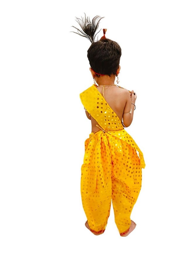 BookMyCostume Krishna Yellow Polka Dot Costume Dhoti Patka with Heavy Pearl Jewellery and Mukut Set - Janmashtami Dress Costume for Baby Kanha - Boys & Girls 1-2 Years