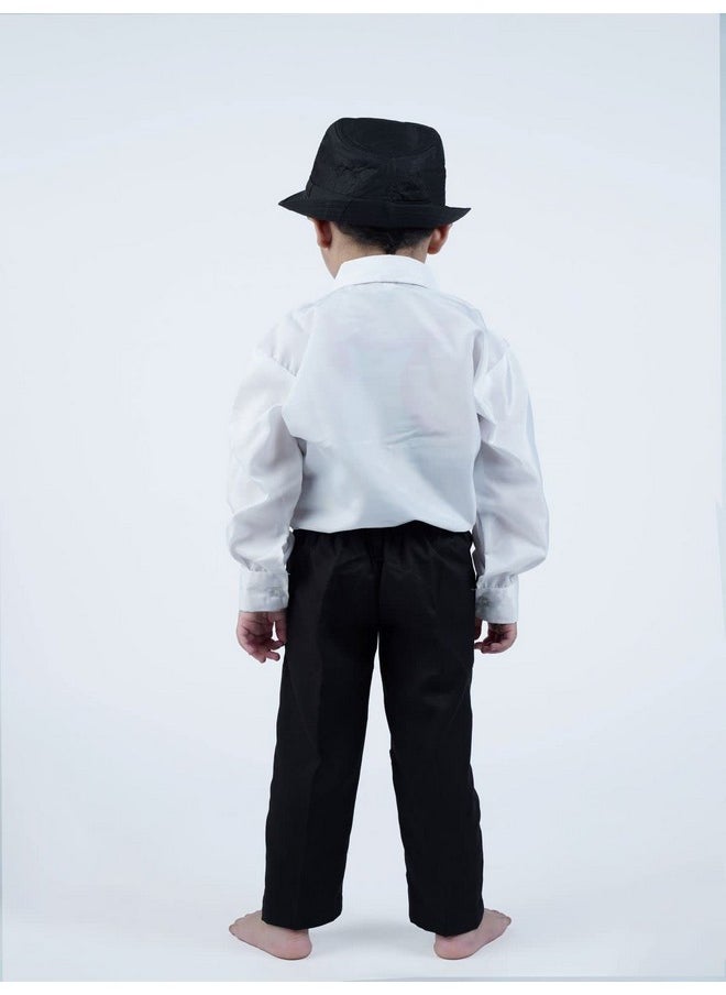 BookMyCostume Ballroom Western Dance White Frill Shirt Black Pant Hat & Bow Set Kids Fancy Dress Costume 10-12 years