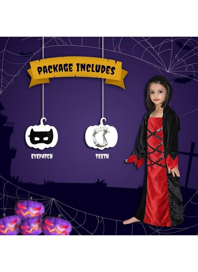 Kaku Fancy Dresses Polyester Scary Halloween Cosplay Red Black Witch Costume Gown With Teeth & Mask Set For Kids