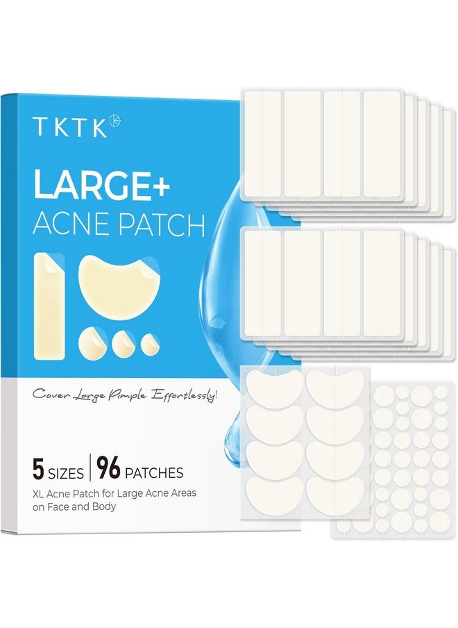TKTK Large Pimple Patches for Face, XL Acne Patches 60 x 20 mm, Big Hydrocolloid Bandages for Body, Forehead, Chin, Neck Zit Breakouts, Hydrocolloid Patch (Strip, Contoured, Dot 5 Sizes 96 Count)