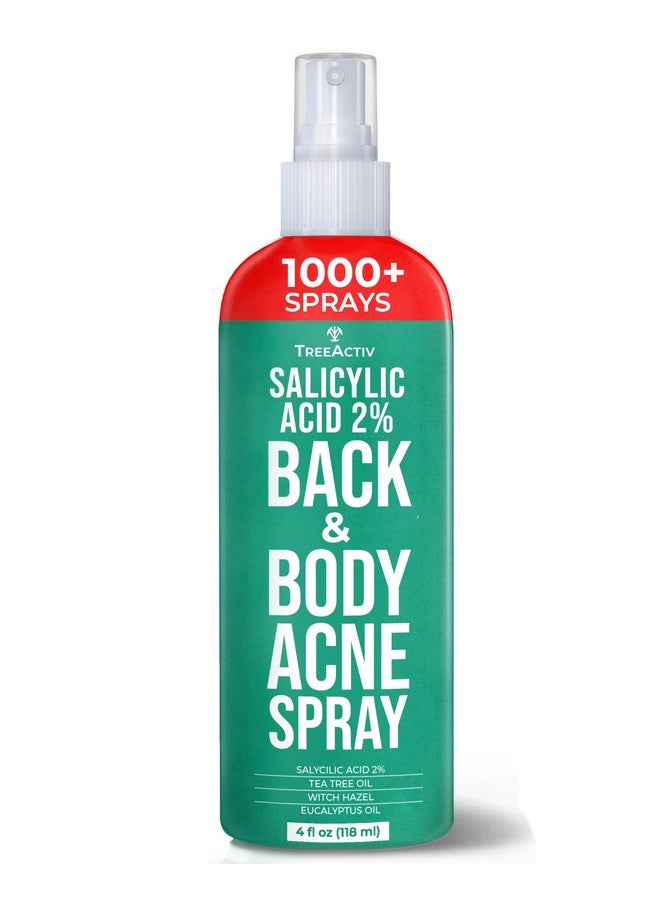 TreeActiv Body Acne Treatment Spray 4 fl oz, 2% Salicylic Acid Spray, Back Acne Spray, Tea Tree Oil Spray with Aloe Vera, Body Acne Spray, Back Acne Solution, Butt Acne Clearing Treatment, 1000+ Uses