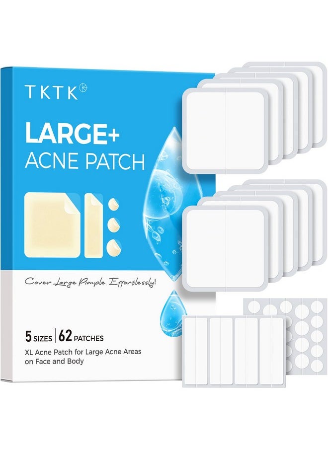 TKTK Large Pimple Patches, 60 mm XL Acne Patches, Big Hydrocolloid Bandages for Body, Face, Forehead, Chin, Neck Zit Breakouts, Hydrocolloid Patch (Square, Strip, Dot 5 Sizes 62 Count)