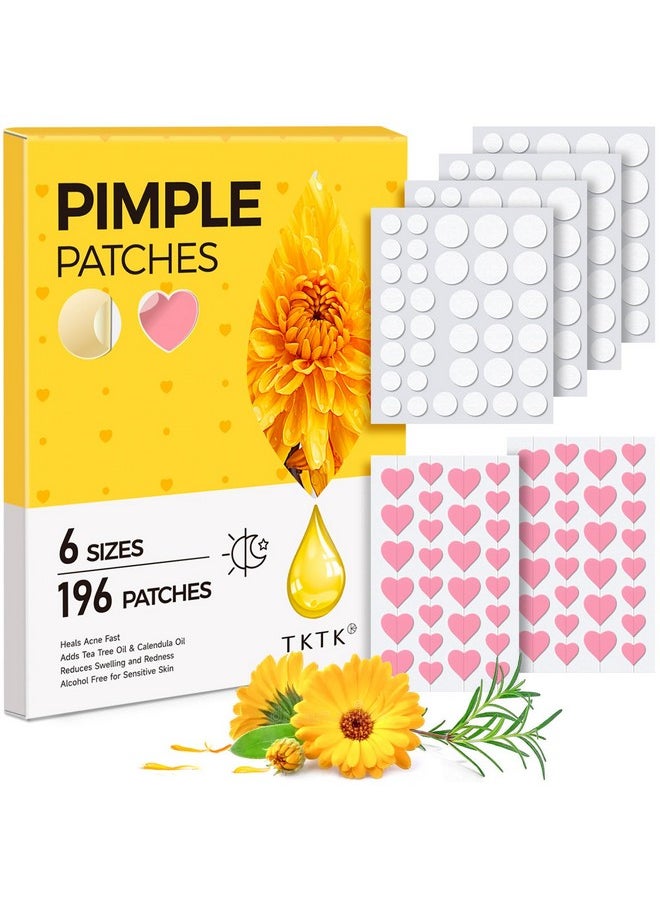 Pimple Patches for Face: 6 Sizes Day and Night Acne Patches Heart Zit Patches - Cute Spot Stickers with Tea Tree & Centella Oil, Strong Adhesion Zit Covers (196 Count)