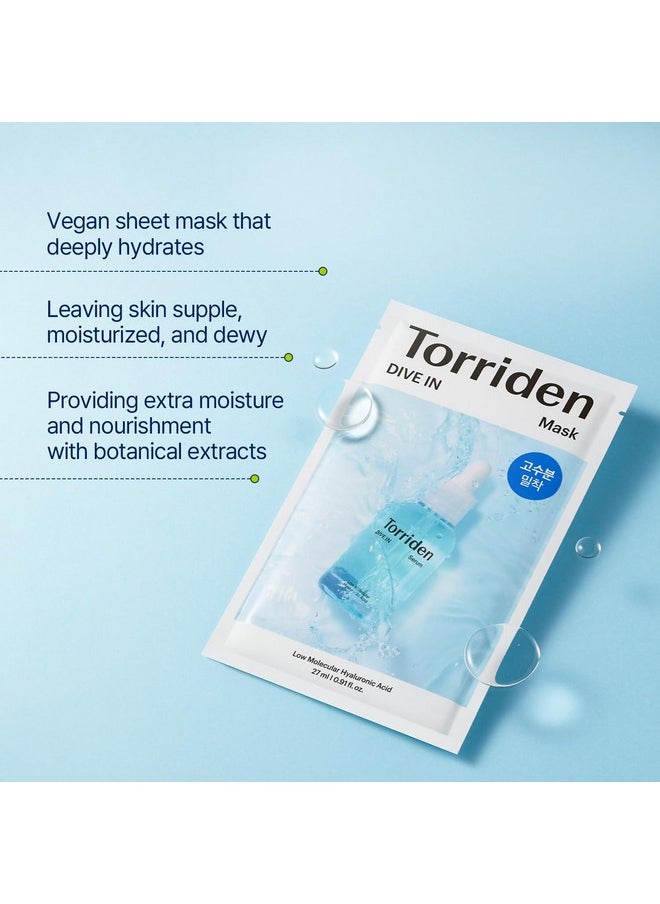 Torriden DIVE IN Hyaluronic Acid Facial Mask (10 sheets) | Extra Moisturizing Care | Hyaluronic Acid, Panthenol, Allantoin | Korean Face Mask