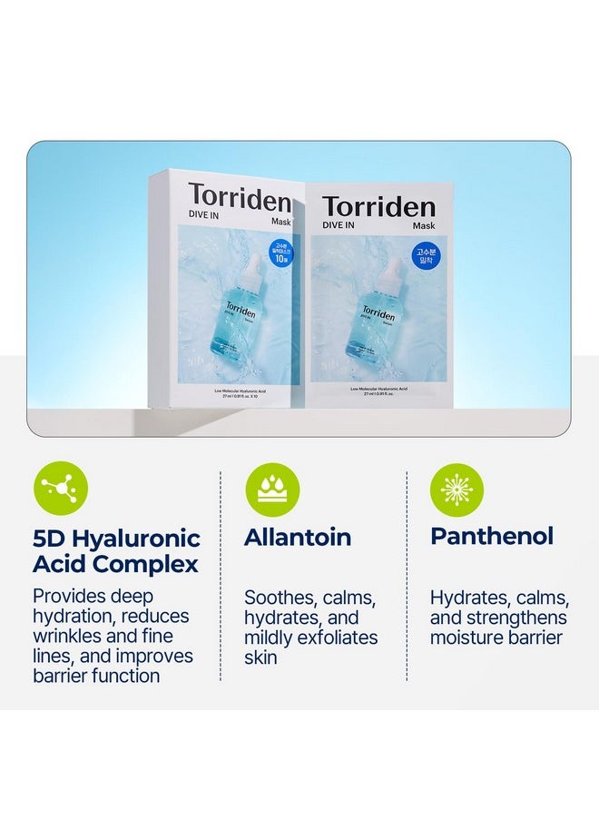 Torriden DIVE IN Hyaluronic Acid Facial Mask (10 sheets) | Extra Moisturizing Care | Hyaluronic Acid, Panthenol, Allantoin | Korean Face Mask