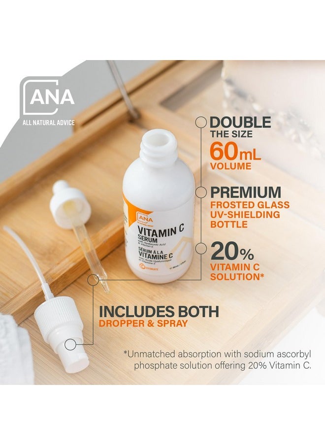 All Natural Advice Vitamin C Serum 60mL | 20% Vitamin C Face Serum Solution with Organic Botanicals, Hyaluronic Acid & Vitamin E | UV-Shielding Glass Bottle, Spray & Dropper | Canadian Skin Care