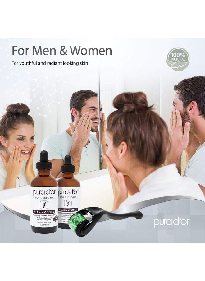 PURA D'OR 25% Vitamin C Serum 4 Oz + 0.25mm Derma Roller Set - Hyaluronic Acid & Retinol Microdermabrasion Skin Care Cosmetic Kit For Face & Eyes, Dark Spots - For Men & Women