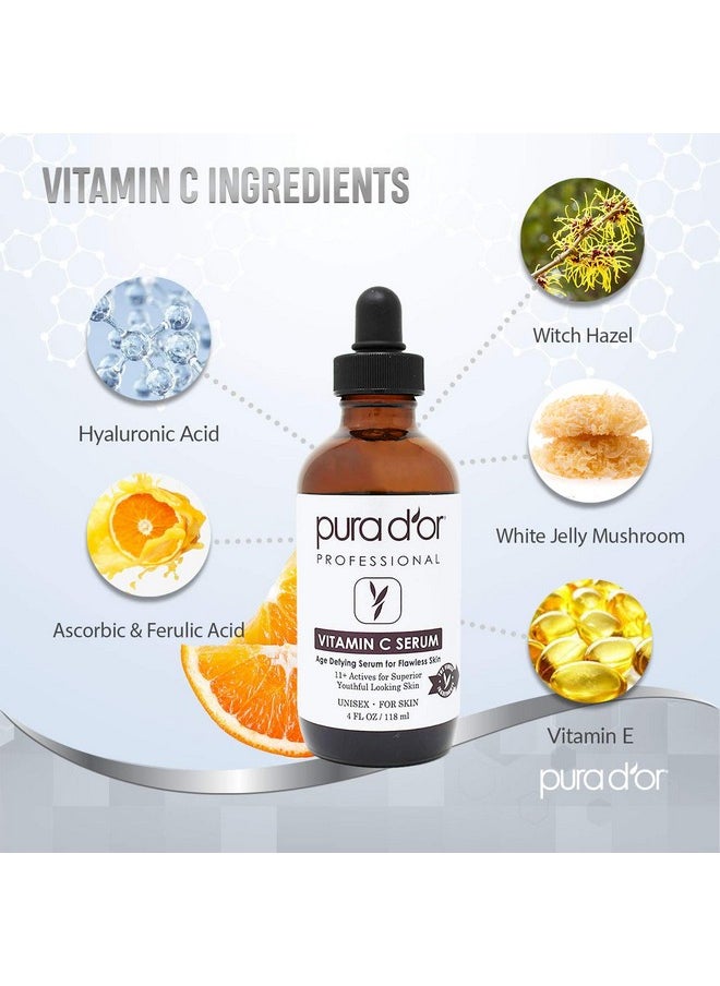 PURA D'OR 25% Vitamin C Serum 4 Oz + 0.25mm Derma Roller Set - Hyaluronic Acid & Retinol Microdermabrasion Skin Care Cosmetic Kit For Face & Eyes, Dark Spots - For Men & Women