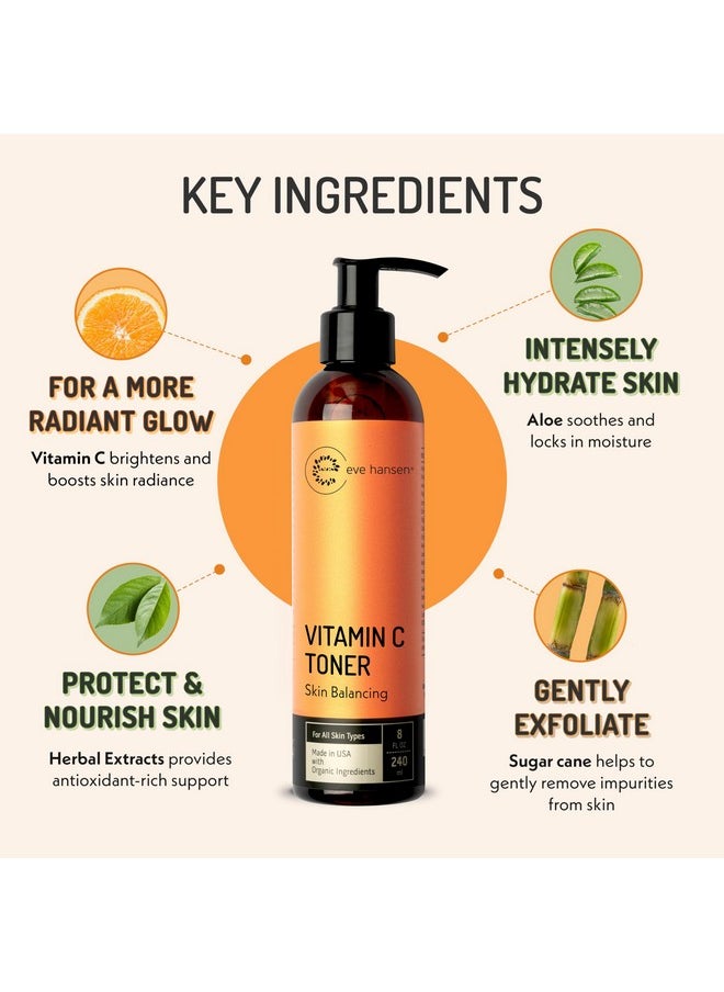 Eve Hansen Vitamin C Toner for face | 8 oz Hydrating Facial Toner & PH Balancing Pore Minimizer with Anti Aging Aloe, Citric Acid & Tea Tree | Skin & Face Toner for All Skin Types & Even, Clear Skin