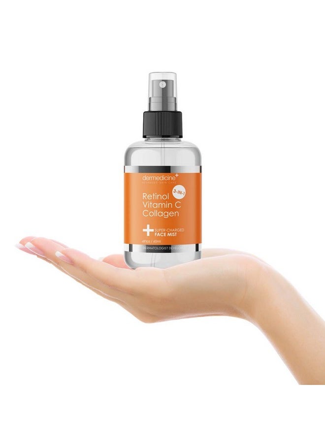 3 in 1 Super-Charged Anti-Aging Face Mist w/Retinol, Vitamin C + Collagen | Hydrates, Refreshes & Brightens for a More Glowing Complexion | 4 fl oz, 120 ml
