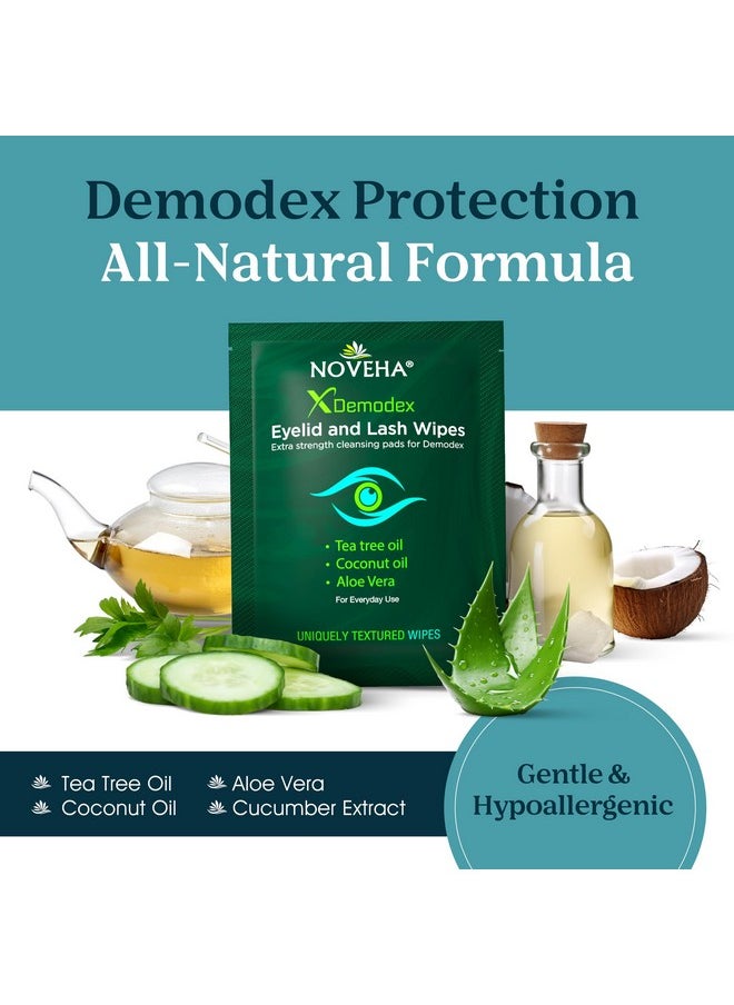 NOVEHA Demodex Eyelid & Lash Wipes | Box Of 60 Individually Wrapped Extra Strength Cleansing Eyelash Wipes - Battle Itchy & Irritated Eyes associated with Demodex Mites, Naturally Remove debris