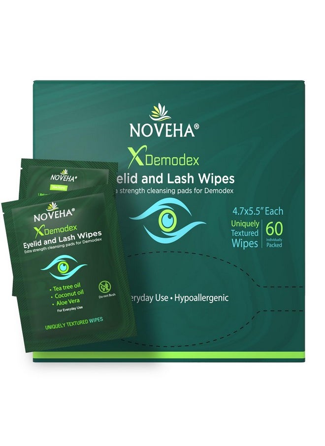 NOVEHA Demodex Eyelid & Lash Wipes | Box Of 60 Individually Wrapped Extra Strength Cleansing Eyelash Wipes - Battle Itchy & Irritated Eyes associated with Demodex Mites, Naturally Remove debris