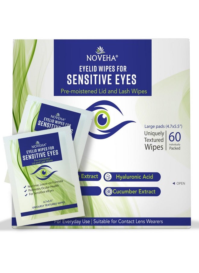 NOVEHA Eyelid Wipes - For Delicate Lashes and Eyelids - With Hyaluronic Acid, Chamomile, and Aloe Vera - Individually Wrapped Pre-moistened Pads (60 Wipes)