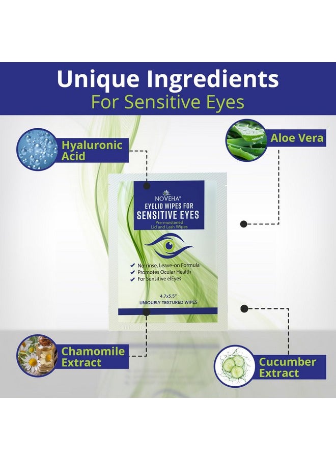 NOVEHA Eyelid Wipes - For Delicate Lashes and Eyelids - With Hyaluronic Acid, Chamomile, and Aloe Vera - Individually Wrapped Pre-moistened Pads (60 Wipes)