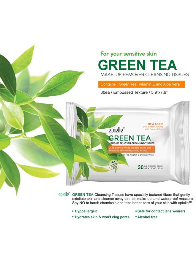 Epielle New Makeup Remover Cleansing Wipes Tissue - Cucumber 30 Count 6 Pack | Gentle for all Skin Types | Daily Facial Cleansing Towelettes | Removes Dirt, Oil, Makeup (Green Tea)