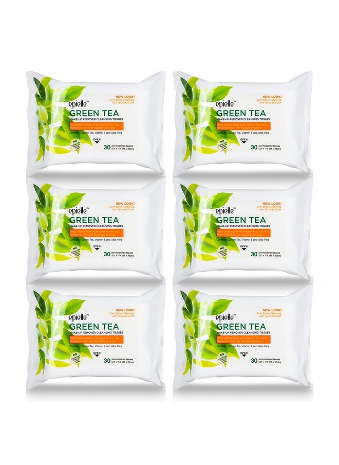 Epielle New Makeup Remover Cleansing Wipes Tissue - Cucumber 30 Count 6 Pack | Gentle for all Skin Types | Daily Facial Cleansing Towelettes | Removes Dirt, Oil, Makeup (Green Tea)